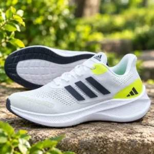 Adidas men's white running shoes with black and lime green details