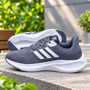 Adidas men's grey running shoes with silver stripes and white sole